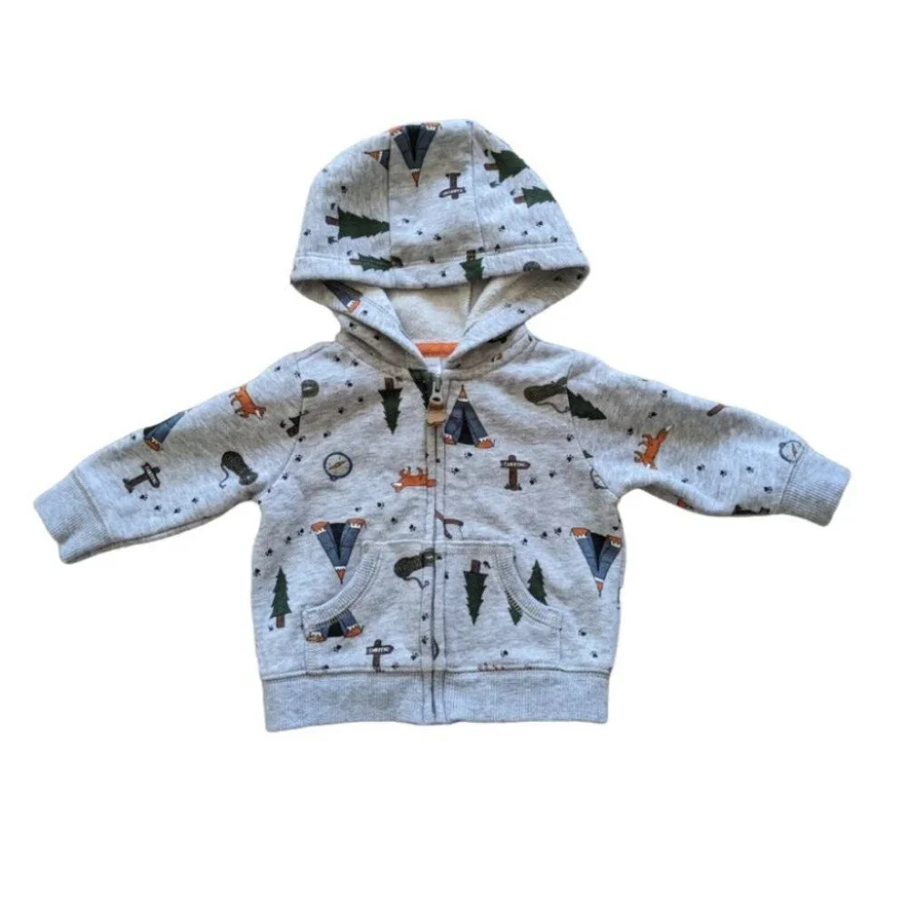 CARTER'S Kid's Hoody Zipper Gray Adventure Theme Size 3M Excellent Condi…